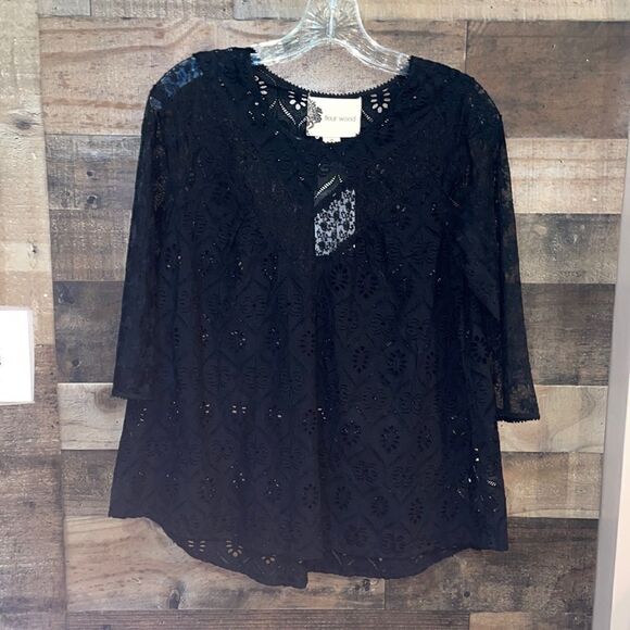 Anthropologie Fleur Wood Black Lace Top with 3/4 Sleeves, NWT - Picture 1 of 10